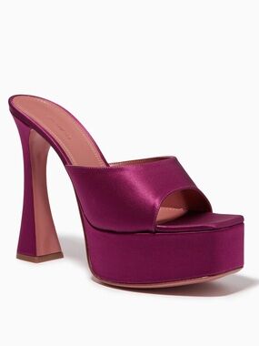 Amina Muaddi Magenta Dalida Satin Platform Mules Heels Sky High Stacked Sz 7 37